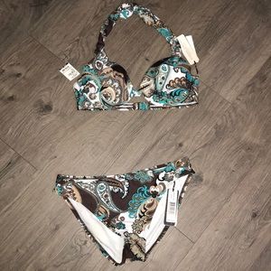 Two piece bikini, brown, white, turquoise